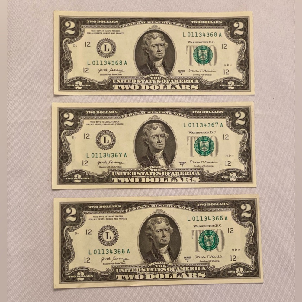 Set of Three Crisp UC Series 2017A $2 Bills